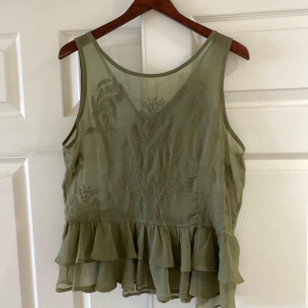 Guess Moss Colored Sheer Sleeveless Top, Size Large, Excellent Condition